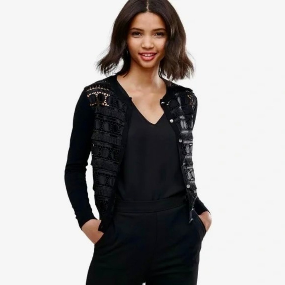 NWT!! TED BAKER London Ellenii Circle Fringe Lace Knit Cardigan‎ Black Size 5 XL
